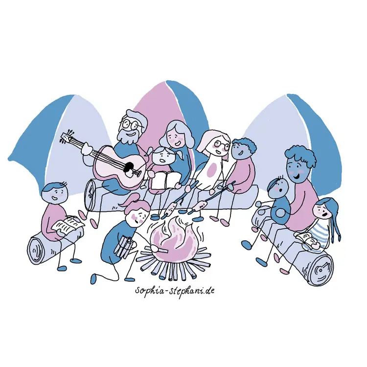 Illustration von Sophia Stephani: Familienfreizeit mit Lagerfeuer und Gitarrenmusik