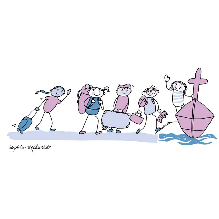Illustration von Sophia Stephani: Kinder verreisen mit dem Kirchenschiff