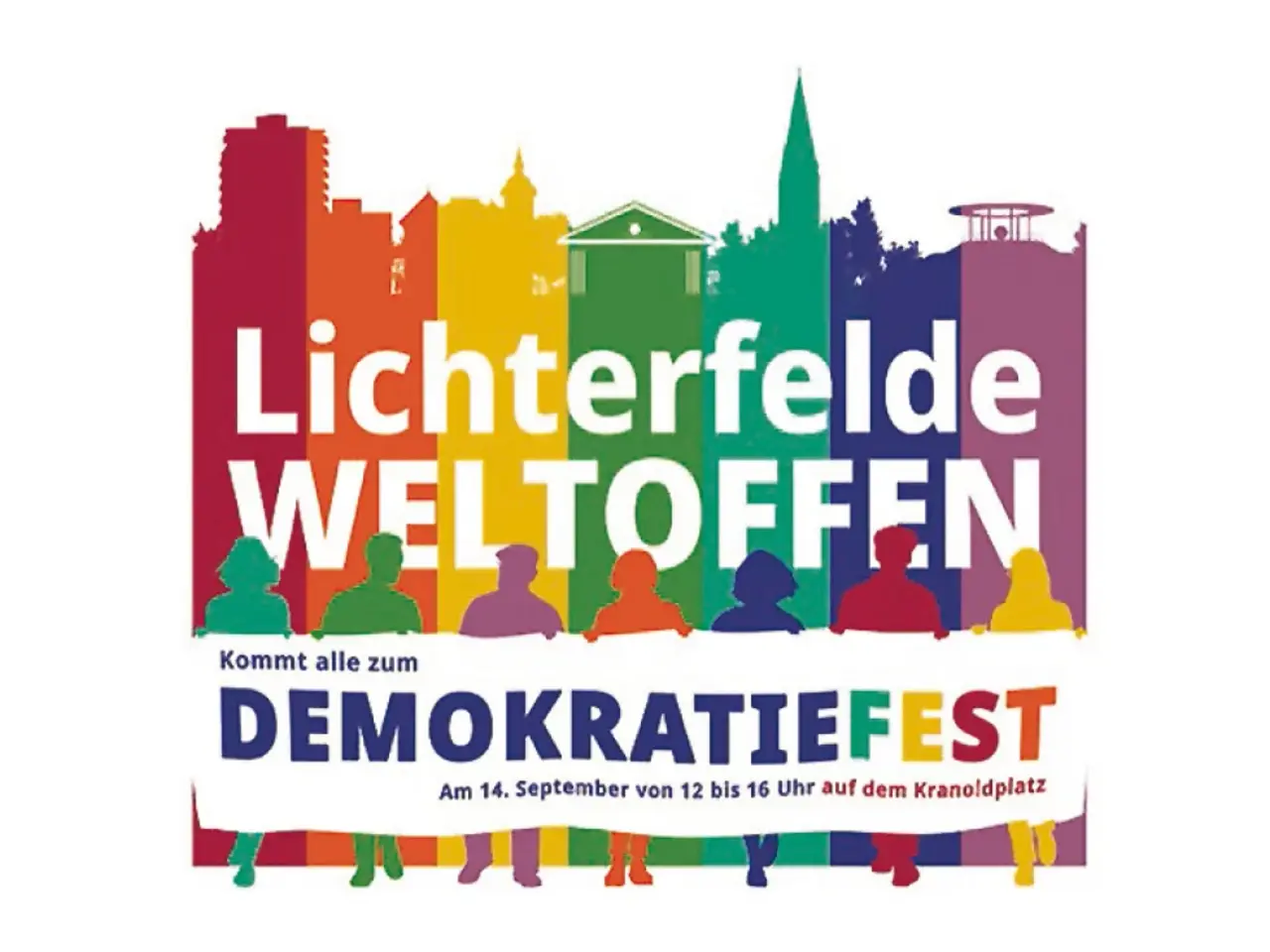 Logo von "Lichterfelde Weltoffen" mit einer bunten Silhouette des Stadtbezirks und dem Schriftzug "Kommt alle zum Demokratiefest"