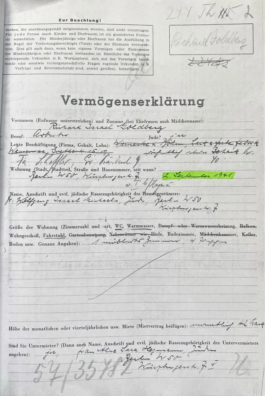 Vermögenserklärung vom 16.11.1942 aus dem Landeshauptarchiv Potsdam