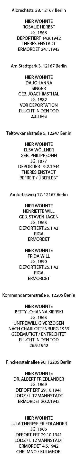 Inschriften der verlegten Stolpersteine