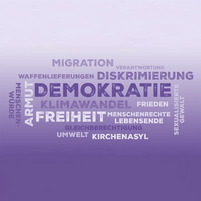 Grafische Wortwolke mit vielen politischen Begriffen, z.B. Demokratie, Freiheit, Diskriminierung, Armut, Gleichberechtigung, Kirchenasyl, ...