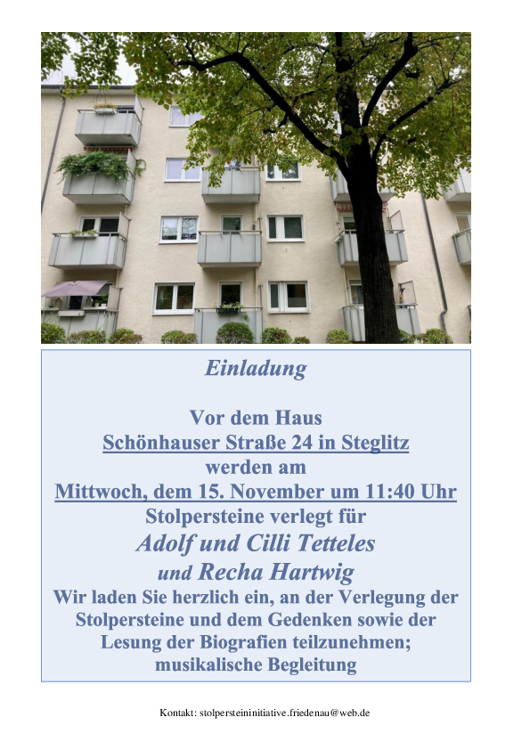 Einladung zur Stolpersteinvelegung in der Steglitzer Schönhauser Straße am 15.11.2023