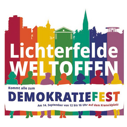 Logo von "Lichterfelde Weltoffen" mit einer bunten Silhouette des Stadtbezirks und dem Schriftzug "Kommt alle zum Demokratiefest"