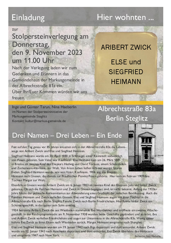 Einladung zur Stolpersteinvelegung in der Steglitzer Albrechtstraße am 9.11.2023