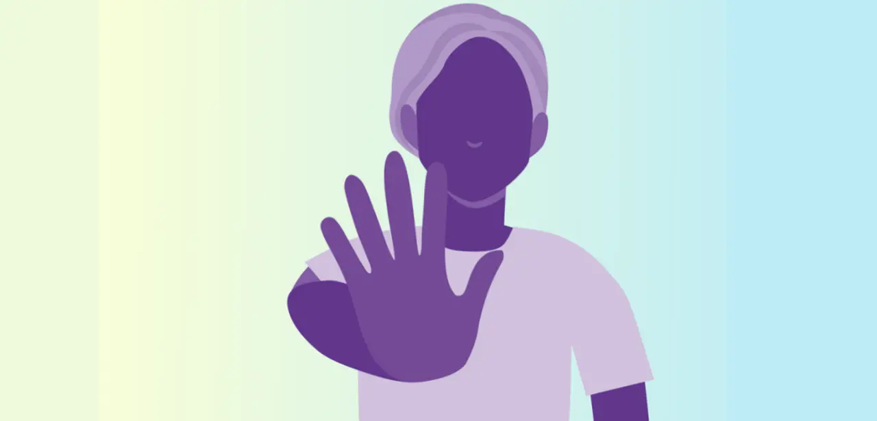 Ein computergenerierte ungeschlechtliche Person hält die rechte Hand mit Stopphaltung ins Zentrum des Bildes. Das Gesicht ist nicht zu erkennen. Die Person trägt ein T-Shirt.