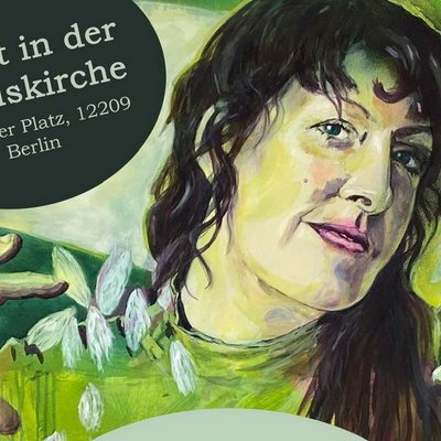 Plakat zur Ausstellung ABRACADABRA mit dem Bild Abrakadabra II (2024, Acryl, Tusche und Kohle auf Leinwand, 200 x 235 cm) im Hintergrund