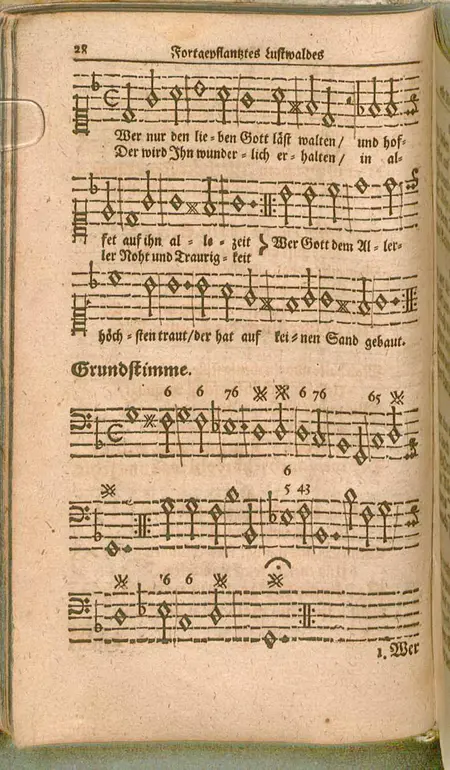 altes Notenblatt: "Wer nur den lieben Gott lässt walten": Melodie und Text der ersten Strophe, dazu ein bezifferter Bass in Neumarks Fortgepflantzer musikalisch-poetischer Lustwald 