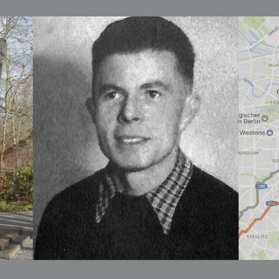 Collage: Gedenkstein "Säule der Gefangenen", Portrait Rudi Wunderlich, Straßenkarte mit eingezeichneter Route