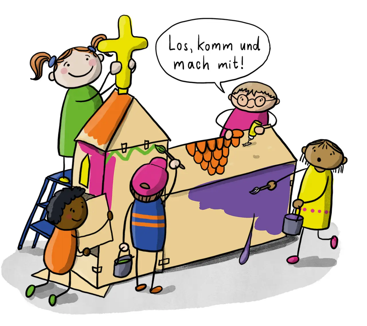 Fünf Kinder bauen eine Kirche und bemalen sie. Ein Kind mit Sprechblase: Los, komm und mach mit!