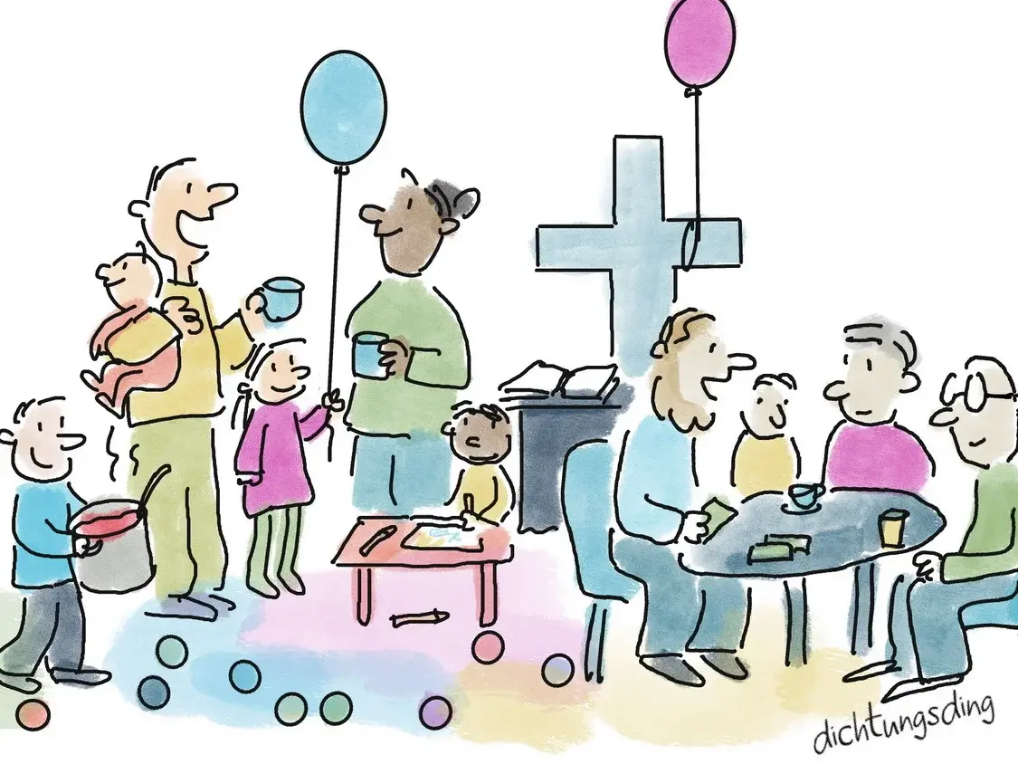 Cartoon Kirche mit Kindern und Familien (@dichtungsding)