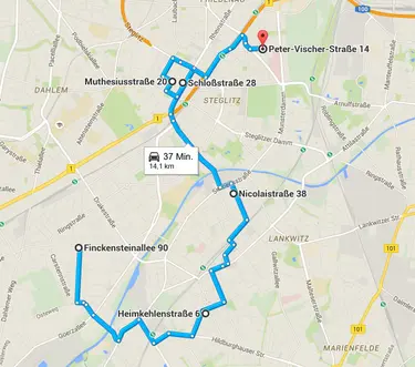 Route der Stolpersteinverlegung in Google-Maps