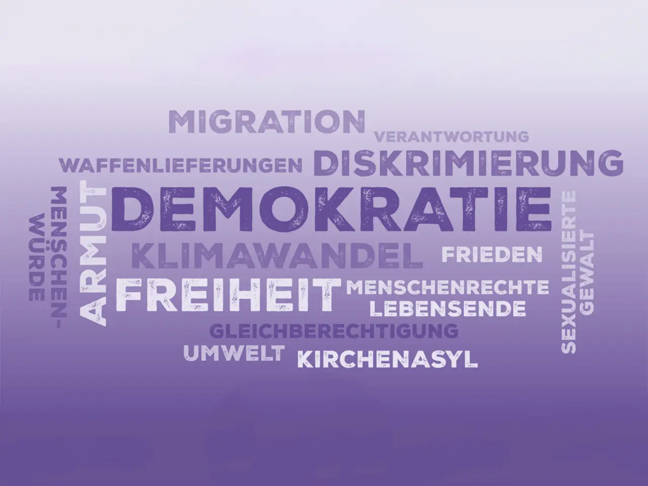 Grafische Wortwolke mit vielen politischen Begriffen, z.B. Demokratie, Freiheit, Diskriminierung, Armut, Gleichberechtigung, Kirchenasyl, ...
