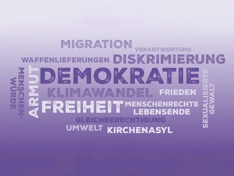 Grafische Wortwolke mit vielen politischen Begriffen, z.B. Demokratie, Freiheit, Diskriminierung, Armut, Gleichberechtigung, Kirchenasyl, ...