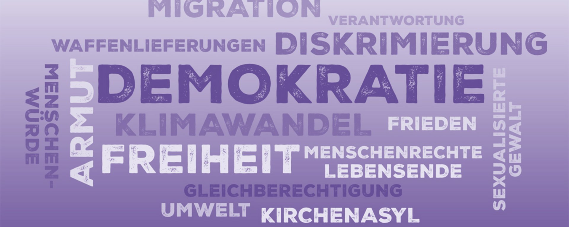 Grafische Wortwolke mit vielen politischen Begriffen, z.B. Demokratie, Freiheit, Diskriminierung, Armut, Gleichberechtigung, Kirchenasyl, ...